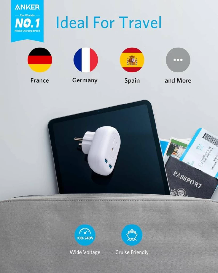Anker European Travel Power Adapter with 2 USB Ports & 1 Outlet - US to EU Plug for Spain, Italy, France, Germany - Compact Charger for Travel & Office