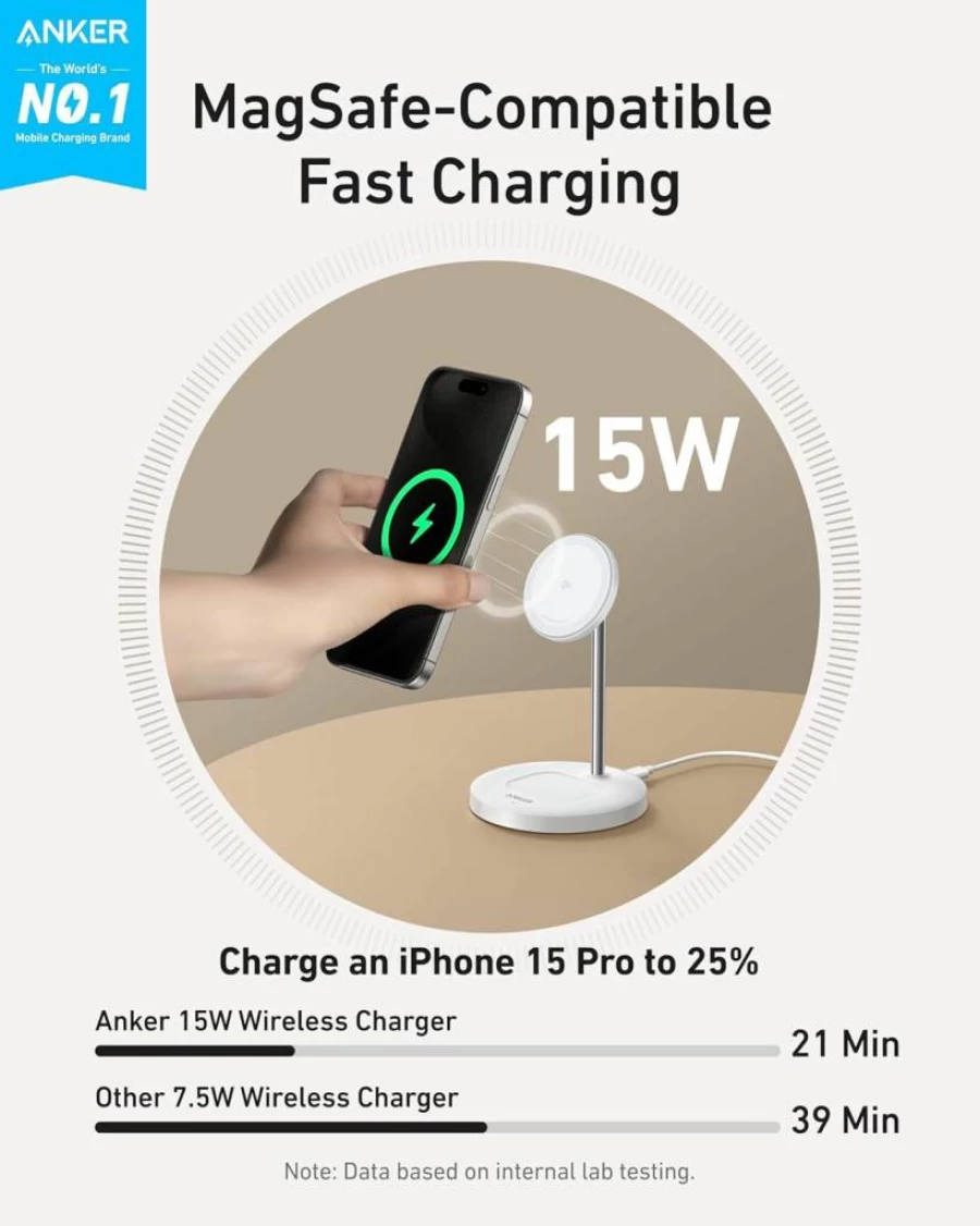 Anker MagGo 2-in-1 Wireless Charging Stand with Qi2 Certification - 15W Fast Charging for iPhone 16/15/14/13/12 & AirPods Pro (Includes 40W USB-C Adapter)