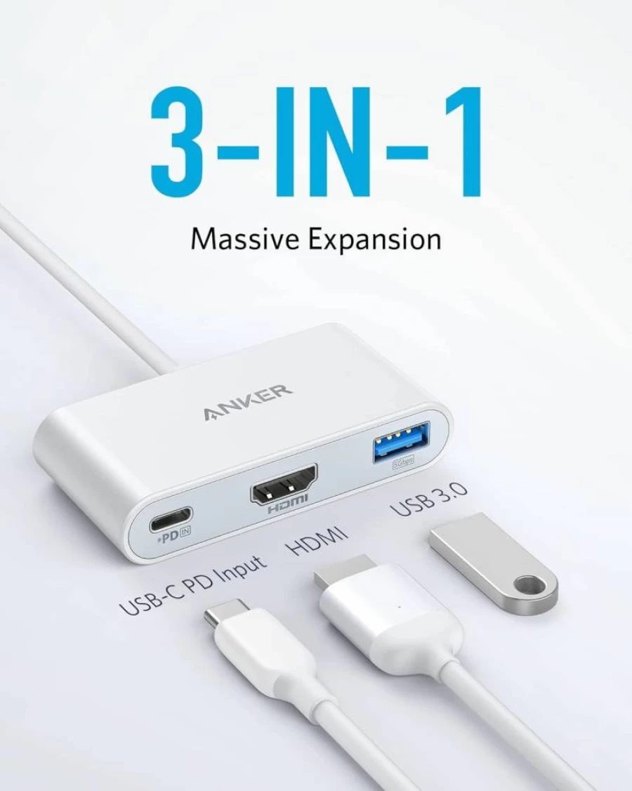 Anker PowerExpand 3-in-1 USB-C Hub with 4K HDMI, 100W Power Delivery, USB 3.0 Port – Compatible with MacBook Pro, iPad Pro, XPS, Note 20, Spectre (White)