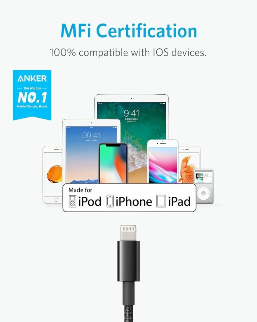 Anker 2-Pack 6ft USB A to Lightning Cable MFi Certified Nylon Braided Charging Cord for iPhone 14 13 12 11 XS XR 8 7 6S Plus - Black