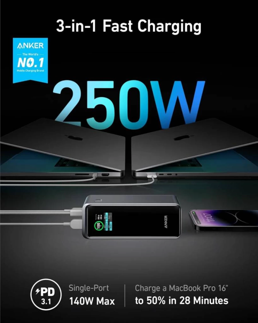 Anker Prime 250W Portable Charger 27,650mAh Power Bank with Smart App, 3-Port Fast Charging for MacBook, iPhone 16/15/14, Samsung, TSA-Approved Travel Charger