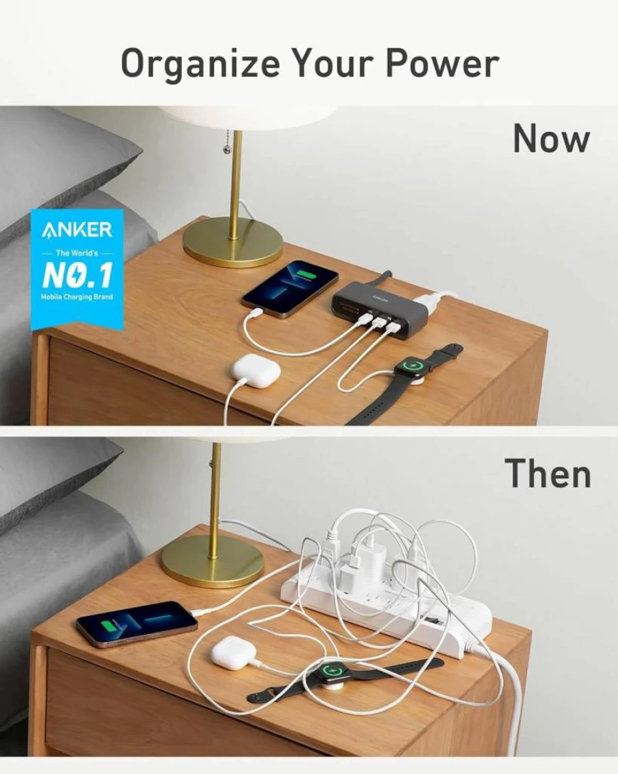 Anker 521 Power Strip with 3 AC Outlets, 30W USB-C PD Charging Station for iPhone 14/13, 5ft Extension Cord for Home, Office, Dorm & Travel - High-Speed Charging Hub