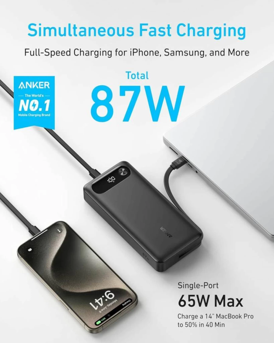 ANKER 20,000mAh Power Bank with 87W Fast Charging, Built-in USB-C Cable & 3 Ports - Portable Charger for MacBook, iPhone 16/15, Samsung, Nintendo Switch