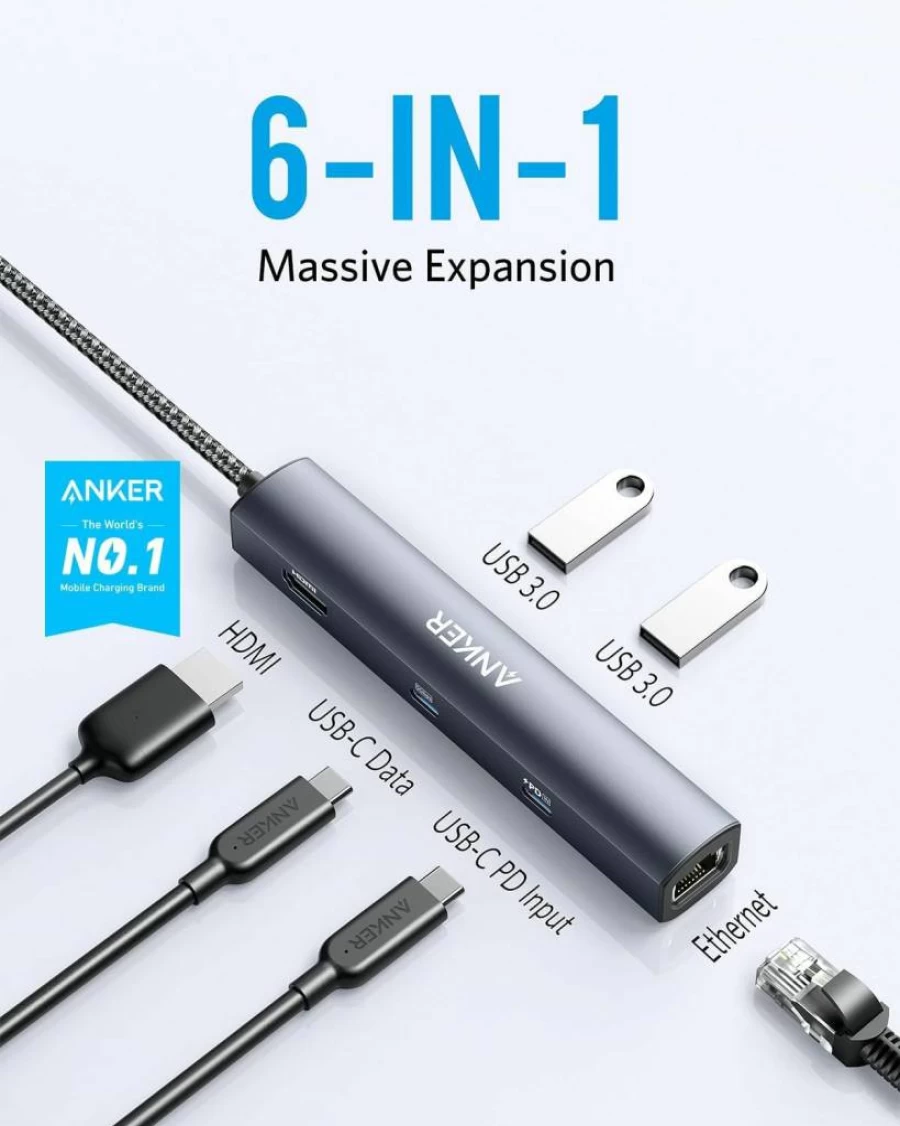 Anker 6-in-1 USB C Hub with 65W PD, 4K HDMI, Gigabit Ethernet, USB Ports for MacBook, iPad, Dell XPS, and More