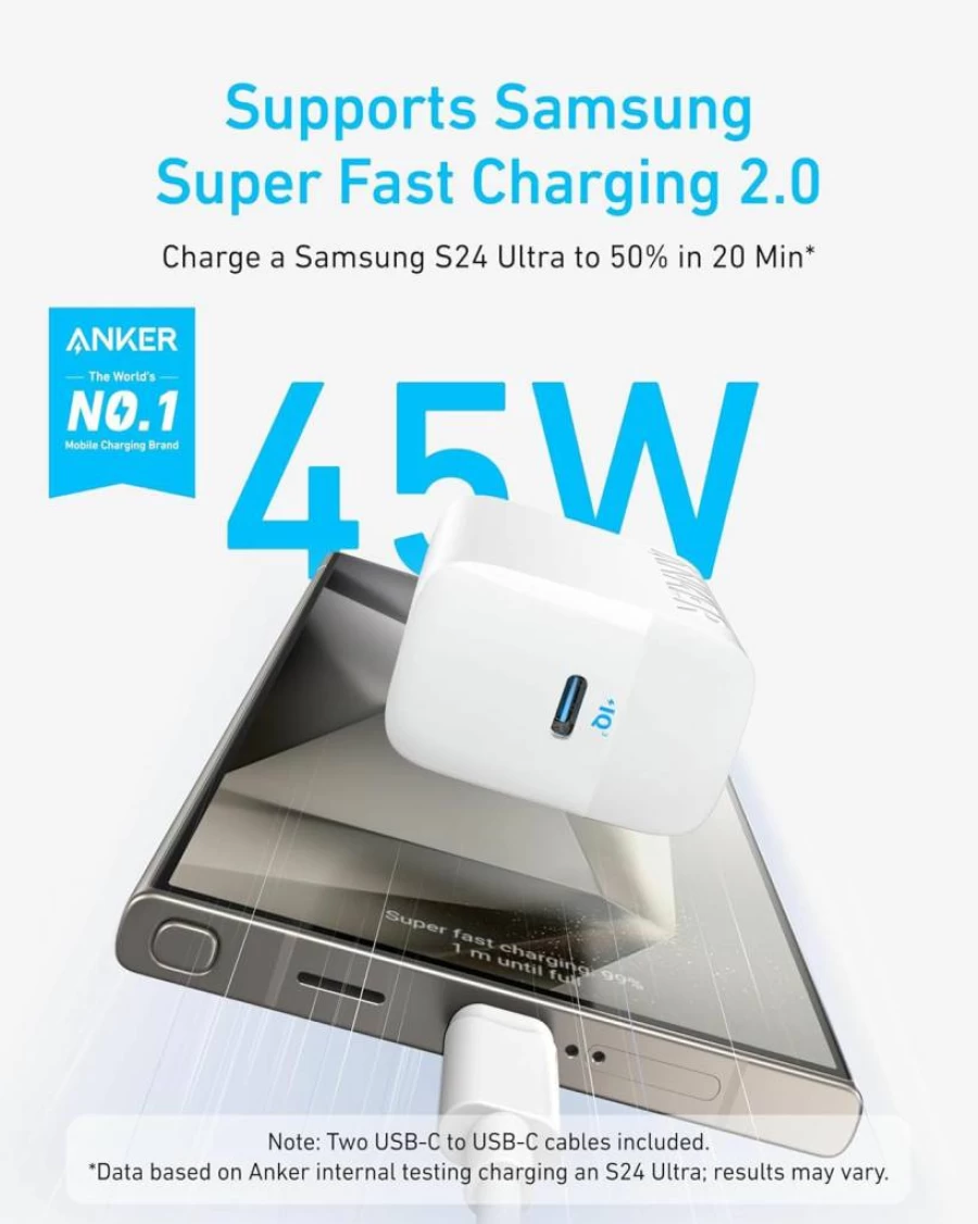 Anker 45W Dual Port USB C Fast Charger with PPS, 2-Pack 5ft USB-C Cable for iPhone 16/15 Pro, Galaxy S24 Ultra, iPad Pro, MacBook Air, and More