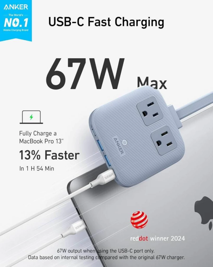 Anker 67W 6-in-1 Nano Charging Station with 2 AC Outlets, 2 USB-A & 2 USB-C Ports, 5Ft Extension Cord for iPhone 16/15, MacBook, Home & Office