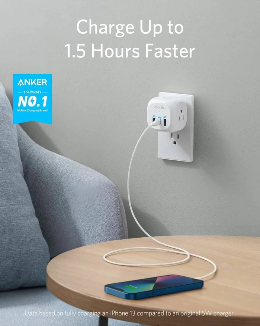 Anker 321 USB C Outlet Extender with 3 AC Outlets & 20W Power Delivery Charging for iPhone 15/14/13, Home Office, Dorm Room, Cruise Ship Travel Essentials