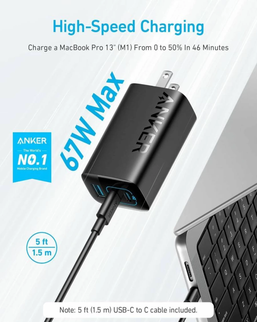 Anker 67W 3-Port USB C Fast Charger with PIQ 3.0 - Compact Foldable Power Adapter for MacBook Pro, iPhone 15/14/13, iPad, Galaxy S23 (Includes 5ft USB-C Cable)