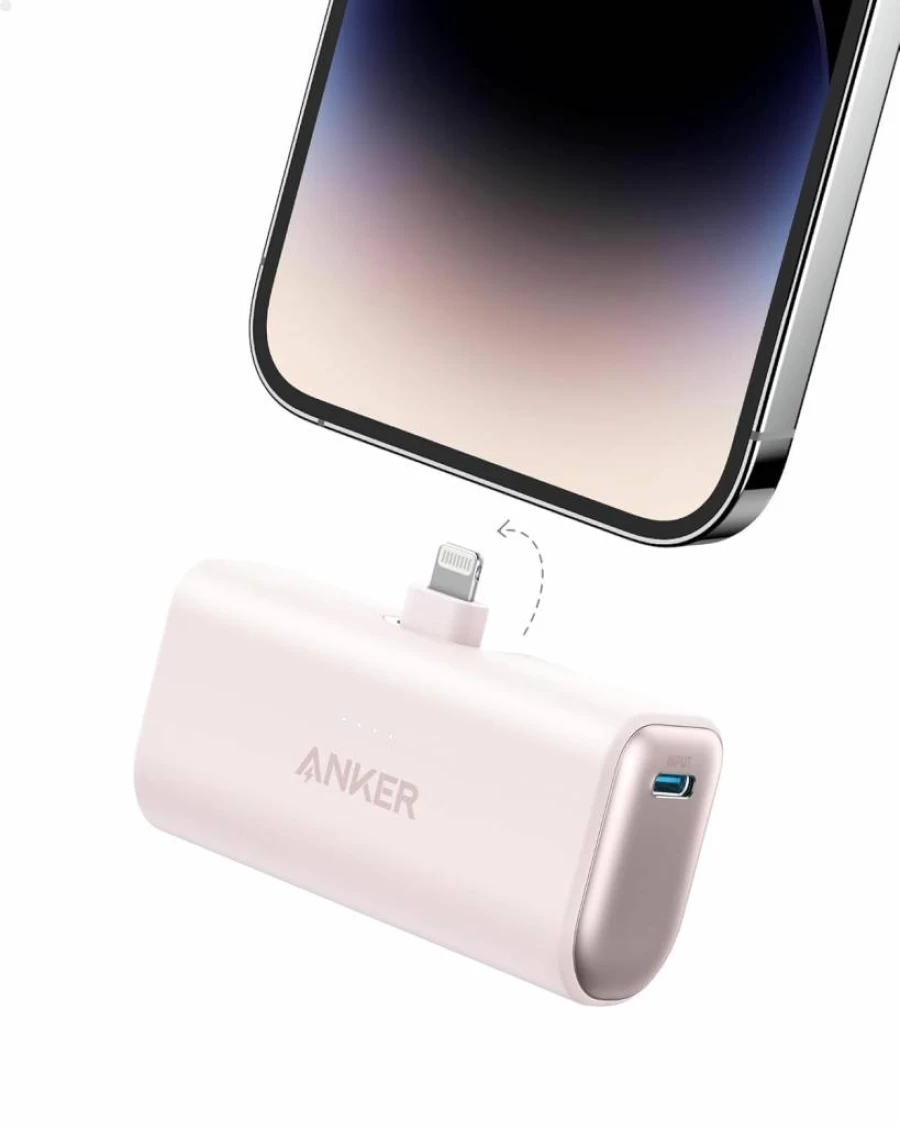 ANKER Nano Power Bank 5000mAh with MFI Certified Lightning Cable - 12W Portable Charger for iPhone 14/13/12, Pink