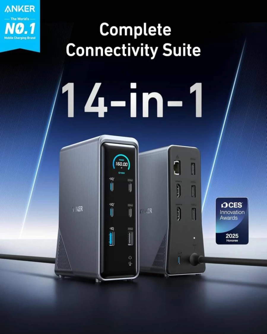 Anker Prime 14-in-1 Docking Station with 160W Power Delivery, 10Gbps USB-C, Dual 4K HDMI, Ethernet, Audio, for MacBook/Dell/HP/Lenovo Laptops