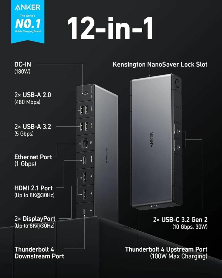 Anker 778 Thunderbolt 4 Docking Station - 12-in-1 USB-C Hub with 100W Charging, 8K/4K Display Support, 40Gbps Data Transfer, Ethernet, 6 USB Ports for Dell, HP, and More (Gray)