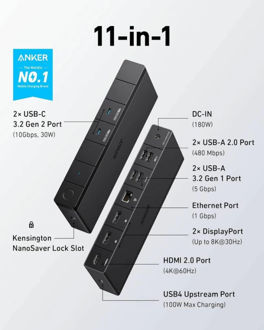 Anker USB4 11-in-1 Docking Station - 100W Laptop Charging, 40Gbps Data Transfer, 8K/4K Display, 6 USB Ports, Ethernet for Windows Laptops (Gray)