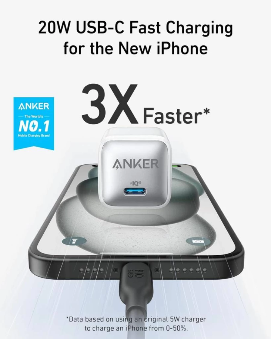 Anker 20W USB C Fast Charger Block, PIQ 3.0 Compact Power Adapter for iPhone 16/15/14/13, Samsung Galaxy, Google Pixel 4/3, iPad (Cable Not Included)