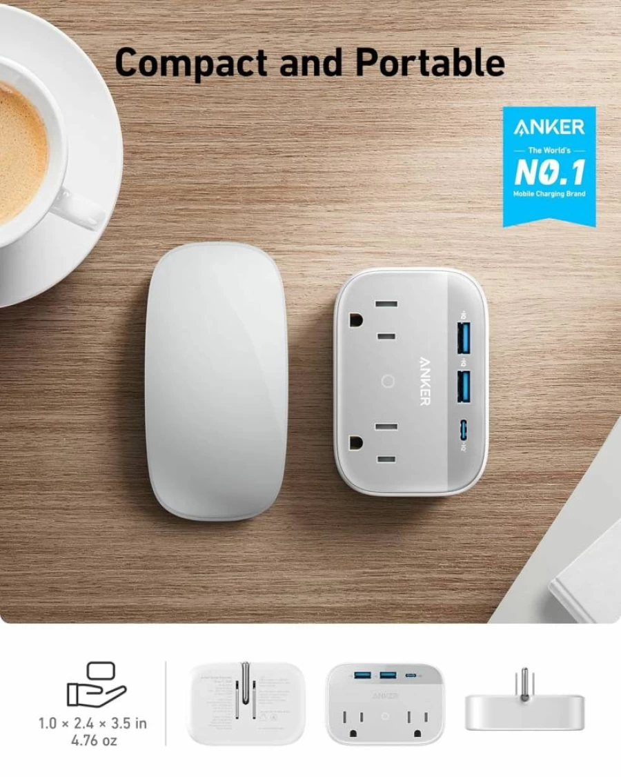 Anker 5-Outlet Extender with 30W USB-C PD, Foldable Plug for iPhone 15/Pro/Max, Compact Travel & Home Power Strip, TUV Listed