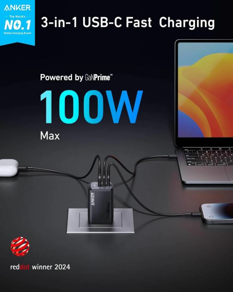 Anker Prime 100W GaN Charger with 3 Ports - Fast PPS USB C Charger for MacBook Pro/Air, iPad, iPhone 16/Pro, Galaxy S23/S22, Pixelbook, Apple Watch & More