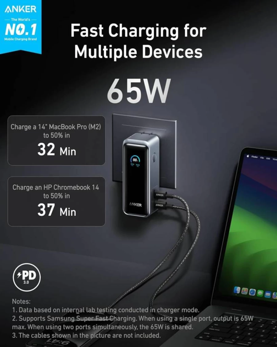 Anker Prime 65W Power Bank 9600mAh with PD 3.0 & PPS, Built-in AC Plug, 30W Fast Charging for MacBook Pro, iPhone 15, Galaxy, iPad - Portable Charger