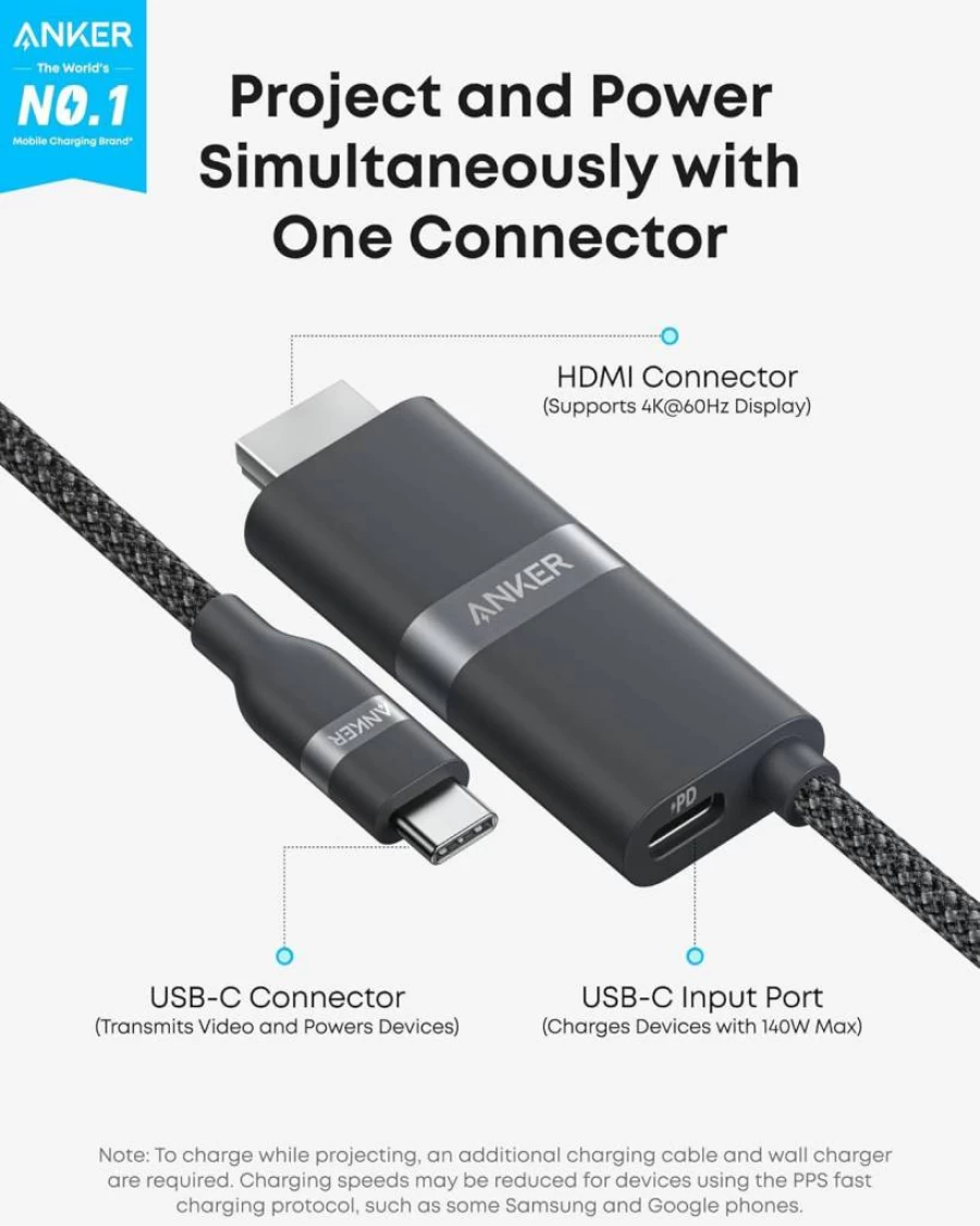Anker Nano USB-C to HDMI Adapter with 140W PD Fast Charging, 4K@60Hz, Thunderbolt 5/4/3 Compatible, for MacBook, iPhone, HD TV (3ft, Black) - Sustainable Design & Advanced Shielding