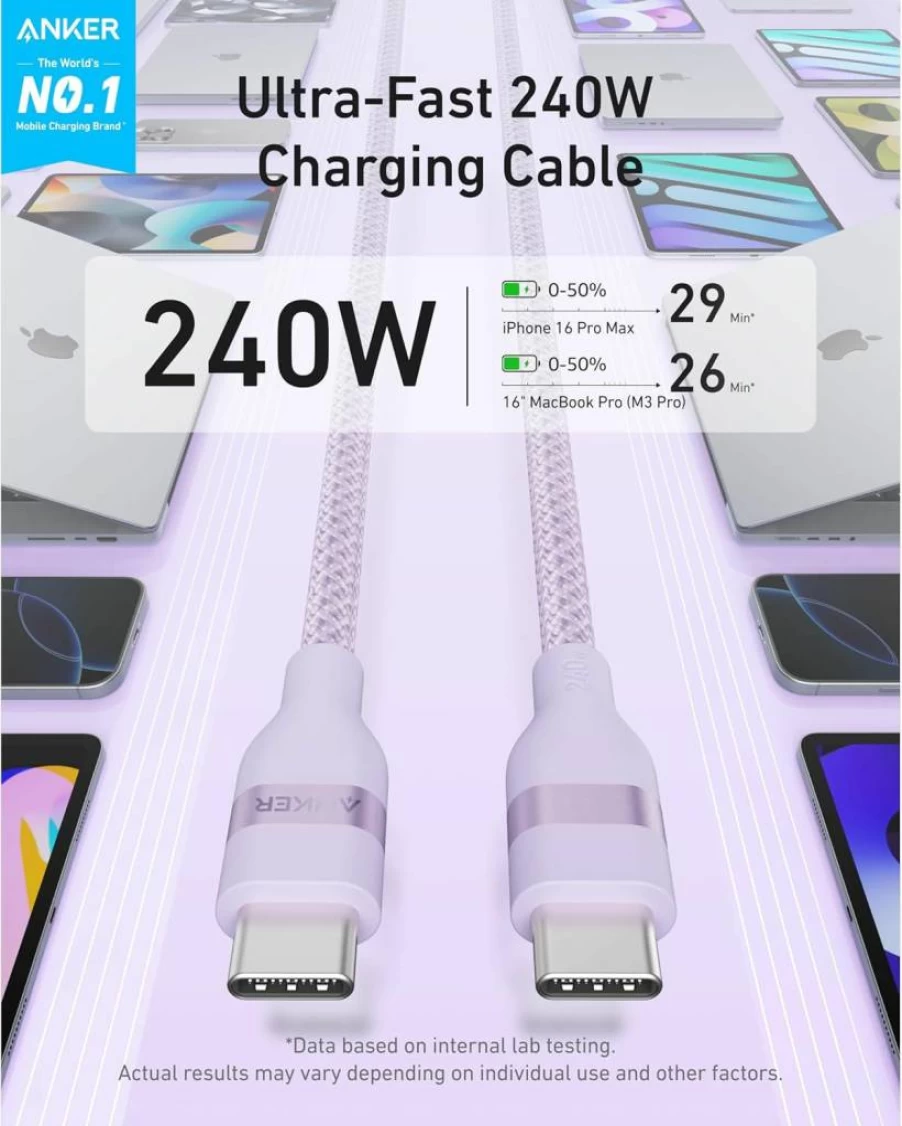 Anker Nano USB C Cable 240W 6Ft Braided Fast Charging Cord for iPhone 16, MacBook Pro, Samsung, and More - Durable Multi-Color Type C Charger (Black)