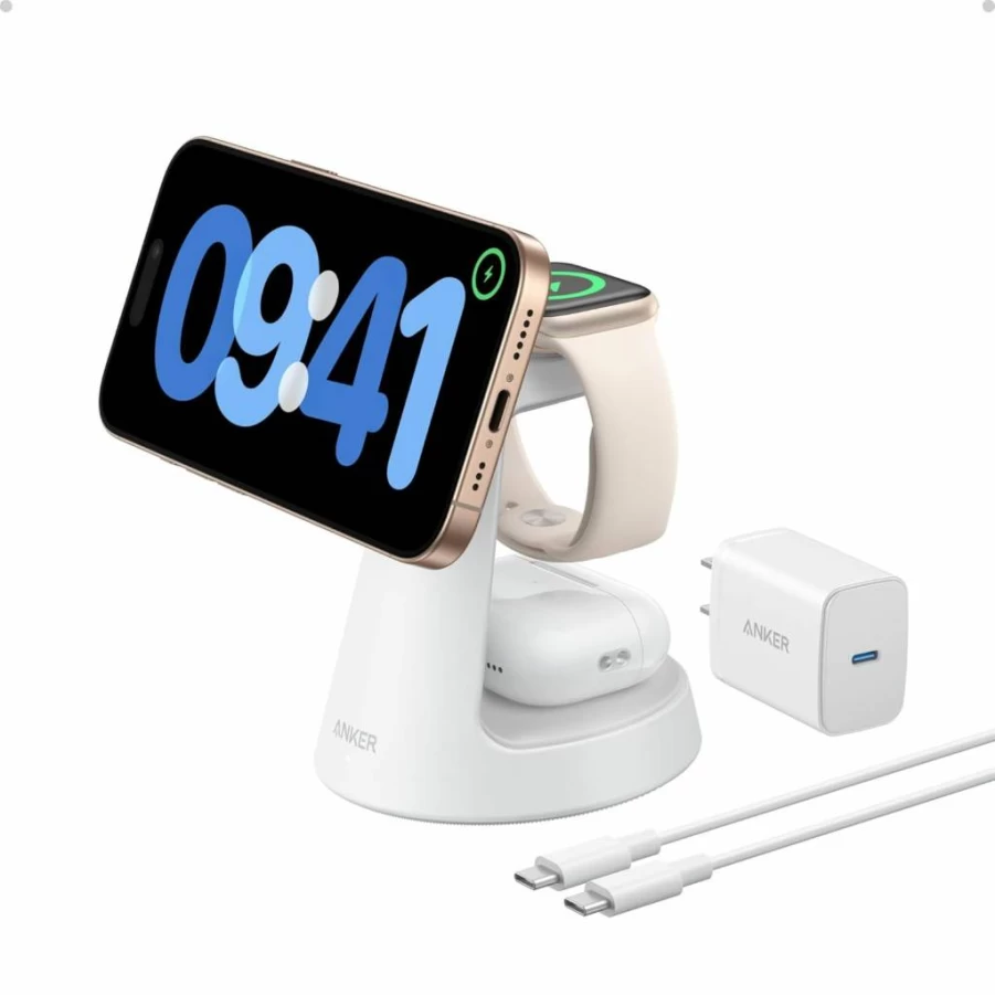 Anker 3-in-1 MagSafe Charging Station with Qi2 Certified 15W Fast Wireless Charger for iPhone 16/15/14/13/12, Apple Watch & AirPods (Includes Adapter)