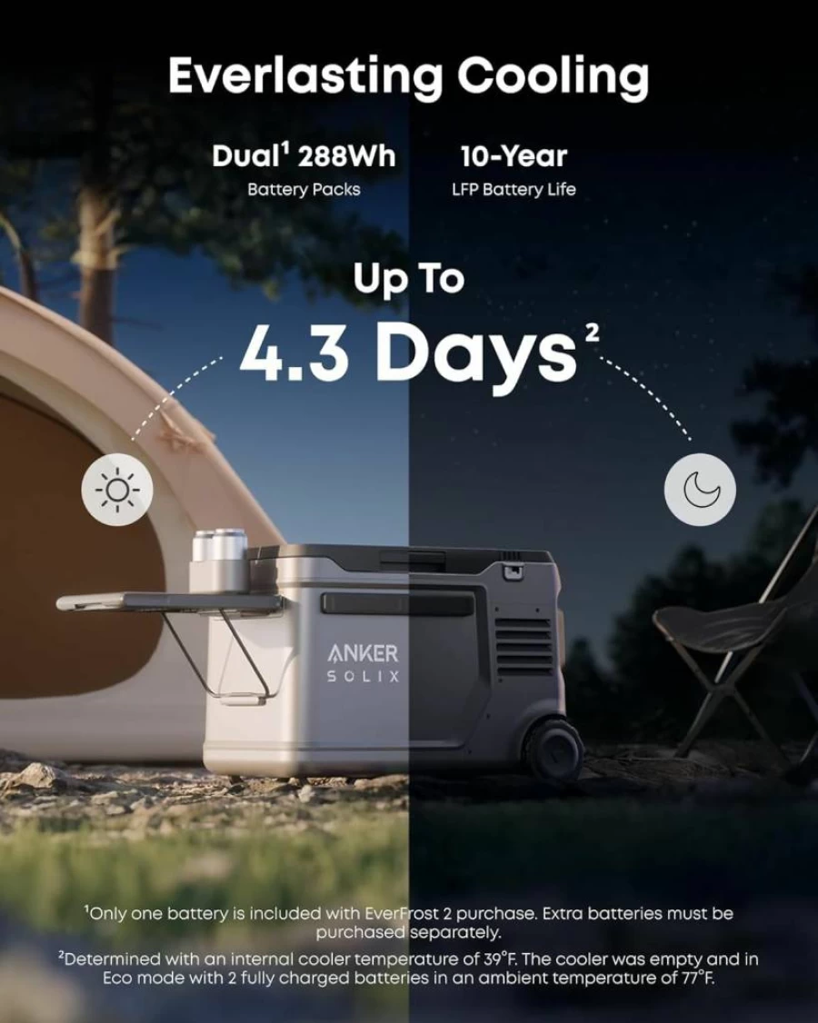 Anker Solix Everfrost 2 40L Electric Cooler - 42 Qt Portable Fridge with 288Wh Battery, Solar & AC/DC Power for Camping, Travel, Fishing (-4°F to 68°F)