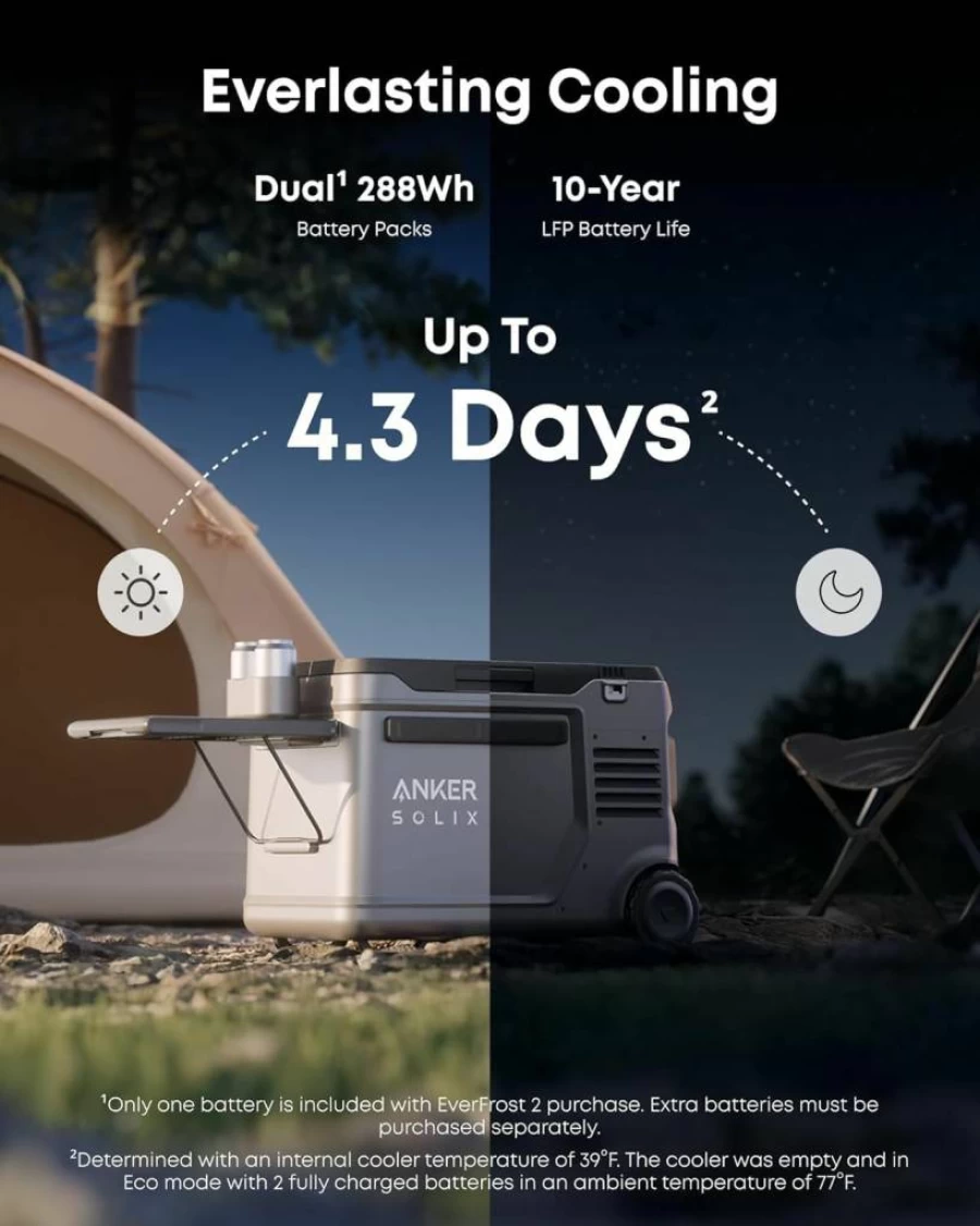 Anker Solix Everfrost 2 58L/61Qt Portable Electric Cooler with 288Wh Battery, Solar/AC/DC Power for Camping, Travel, Fishing -4°F to 68°F