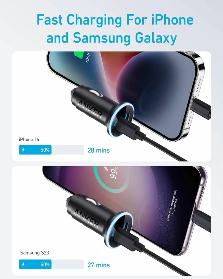 Anker 323 52.5W USB-C Car Charger with PowerIQ 3.0 Fast Charging for iPhone 15/14/13/12, Galaxy S23/S22, Pixel, and More