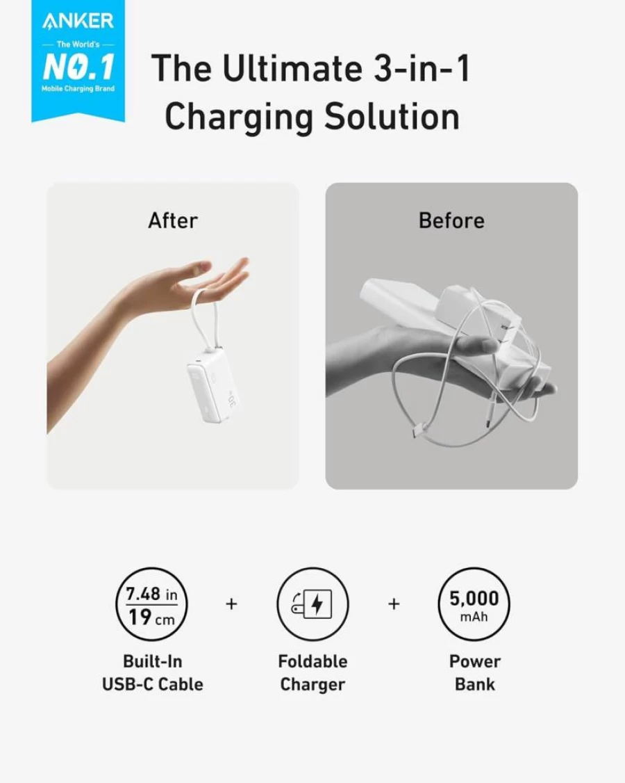 Anker 3-in-1 Power Bank 5000mAh with Built-in USB-C Cable & Foldable AC Plug, 30W Portable Charger for iPhone 15, Galaxy, MacBook, Fast Compact Charging Block