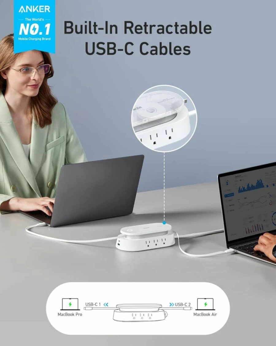 Anker 647 100W 10-in-1 Power Strip with 6 AC Outlets, USB-A/C Ports, Retractable Cables & 5Ft Extension Cord - Desktop Charging Station for Office & Conference Rooms