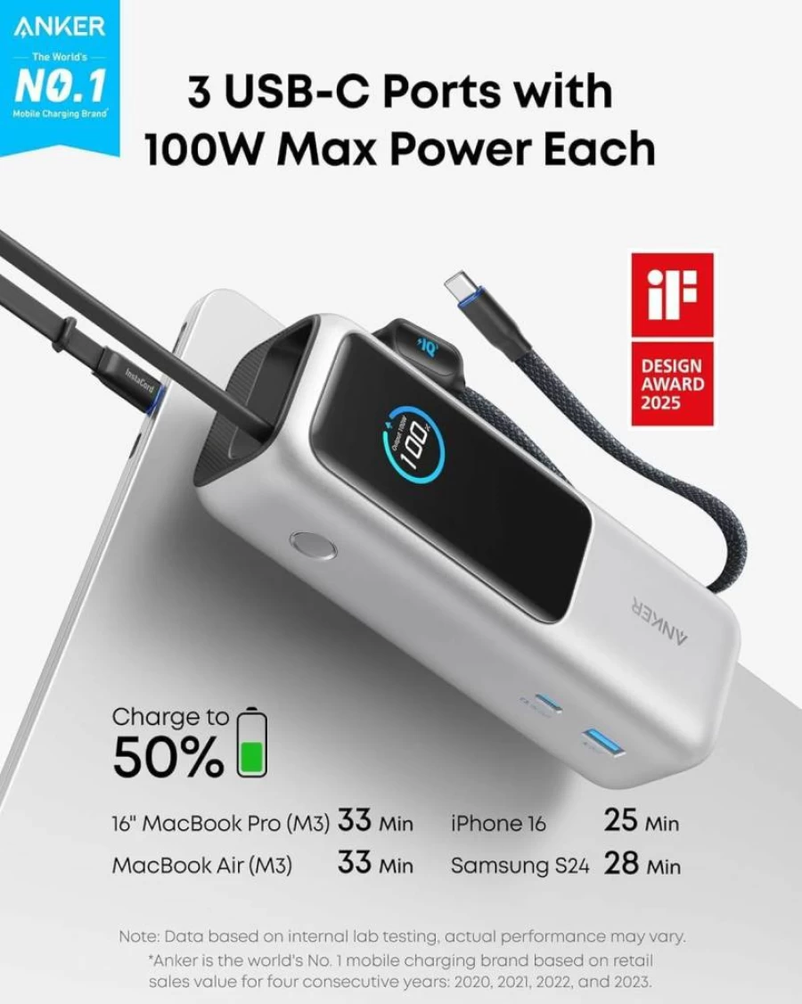 Anker 25,000mAh Power Bank with 100W USB-C Ports, Built-in Cables for MacBook, iPhone 16/15, Samsung, Multi-Device Fast Charging
