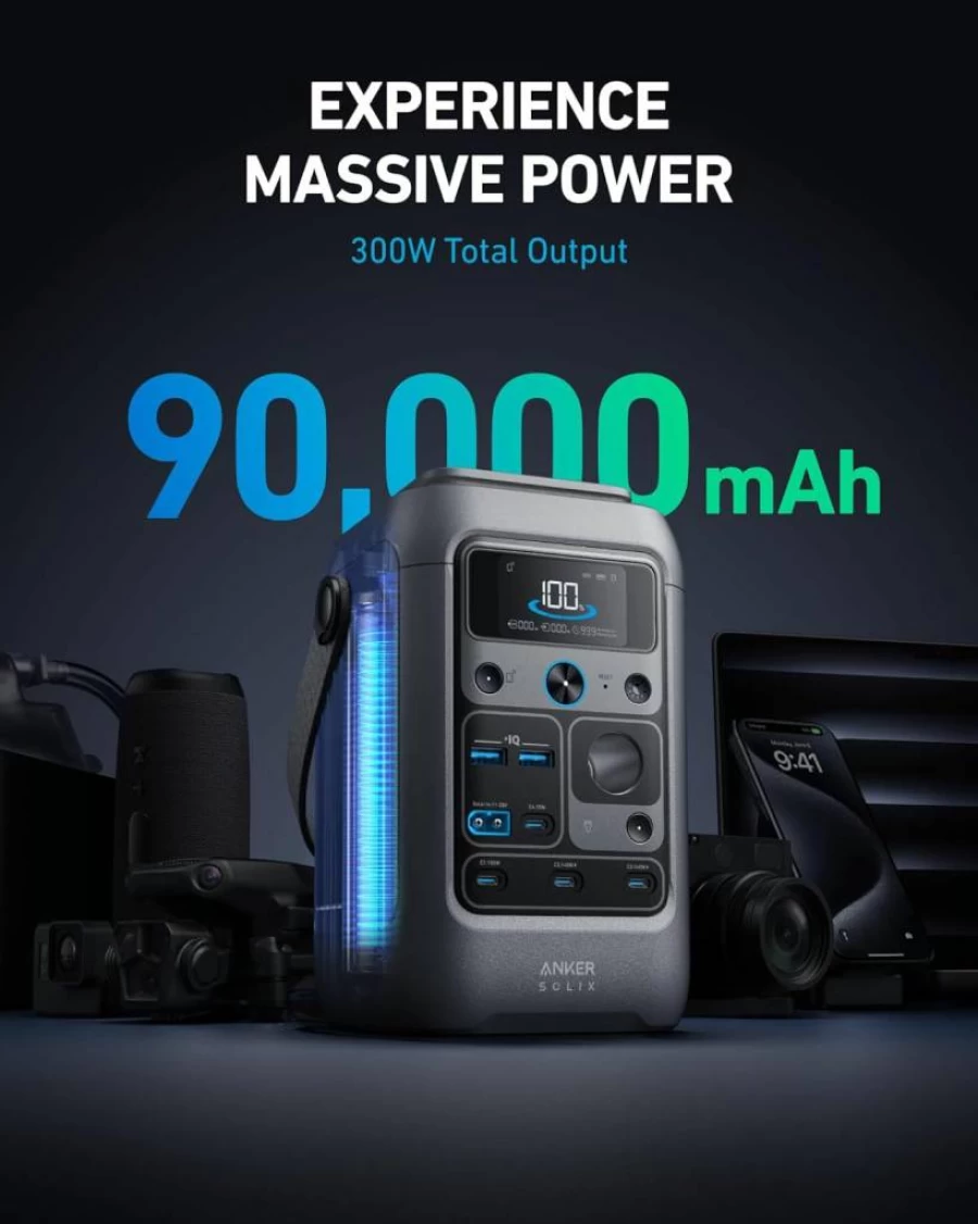 Anker Solix C300 Portable Power Station with 60W Solar Panel - 288Wh LiFePO4 Battery, 300W Solar Generator for Camping, Travel, and Emergency Power Backup