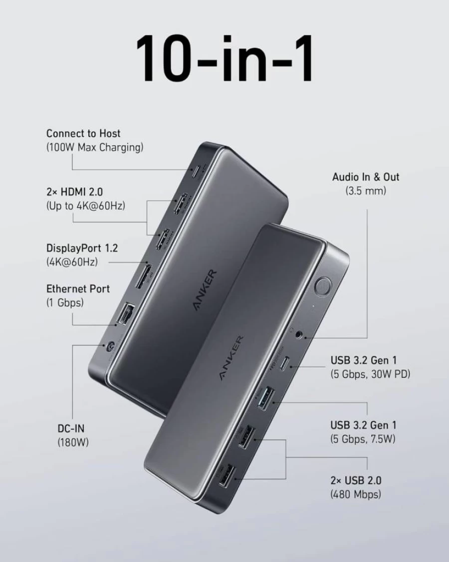 Anker 10-in-1 USB-C Docking Station for MacBook Pro, Triple Display (Dual 4K HDMI/DisplayPort), 4 USB Ports, Compatible with Windows, Dell, HP, ThinkPad Laptops