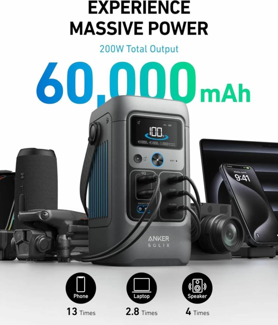 Anker Solix C200 Portable Power Station 192Wh with LiFePO4 Battery, 200W Solar Input, for Camping, Travel & Emergency Power (Wall Charger Not Included)