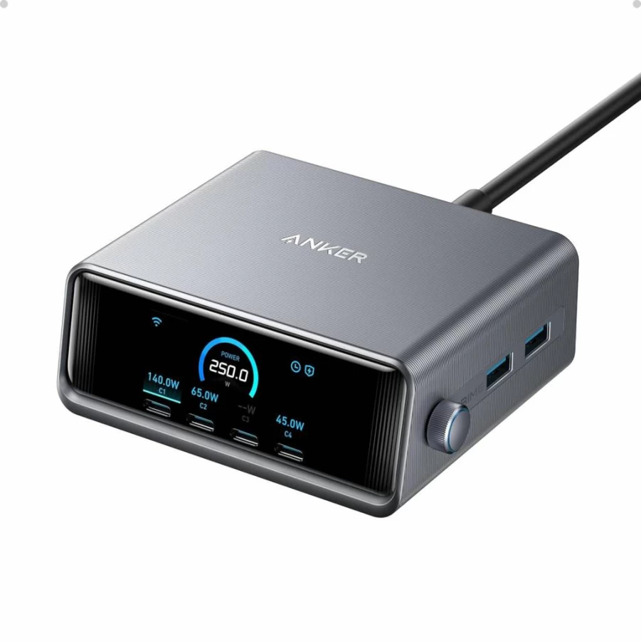 Anker Prime 250W GaN USB C Charging Station with 6-Port Fast Charging, 2.26" LCD Display, Smart Dial for MacBook Pro/Air, iPhone 16/15/14, Galaxy (Silver)