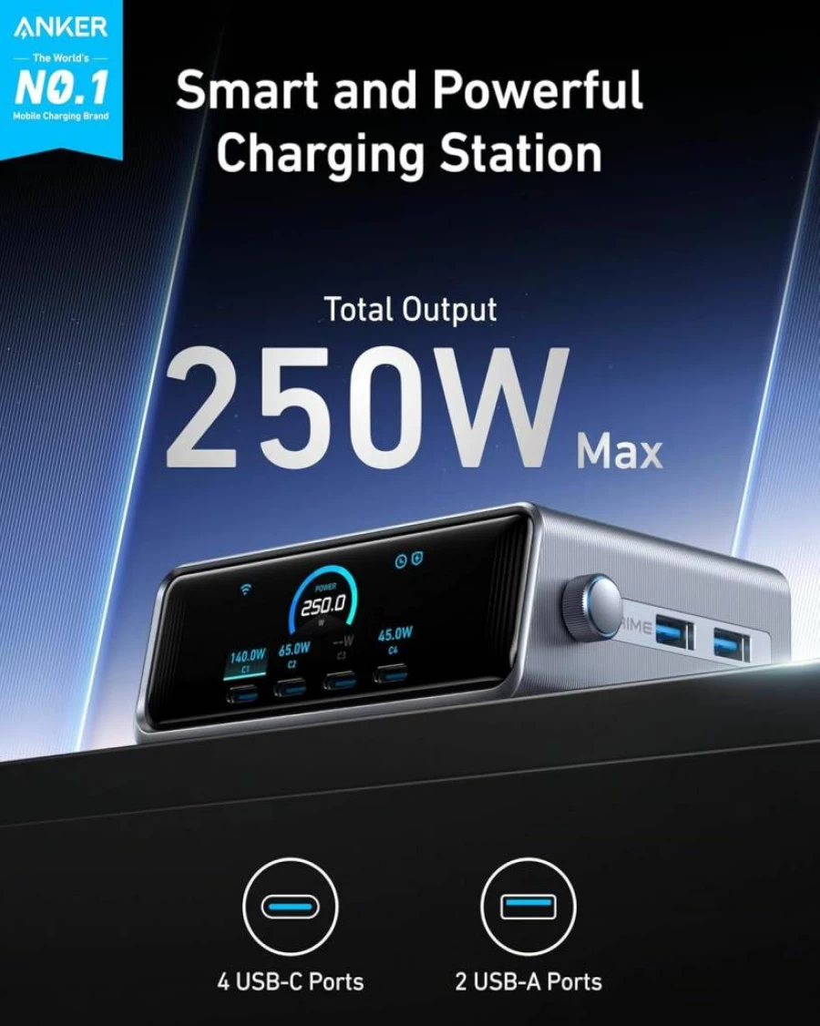 Anker Prime 250W GaN USB C Charging Station with 6-Port Fast Charging, 2.26" LCD Display, Smart Dial for MacBook Pro/Air, iPhone 16/15/14, Galaxy (Silver)