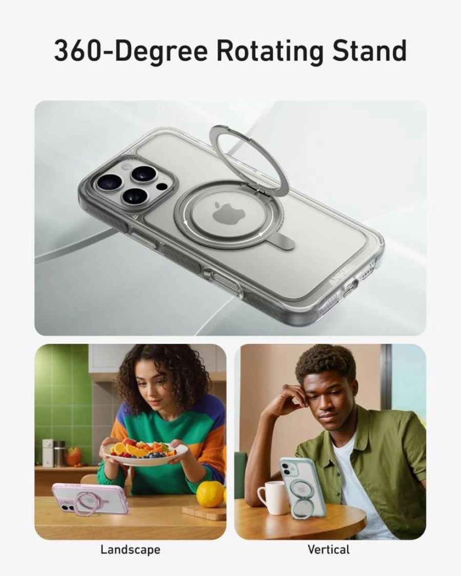 Anker Magnetic iPhone 16 Pro Max Case with 360 Ring Stand, Clear White Anti-Yellowing Drop-Proof Cover, MagSafe Compatible Protective Case