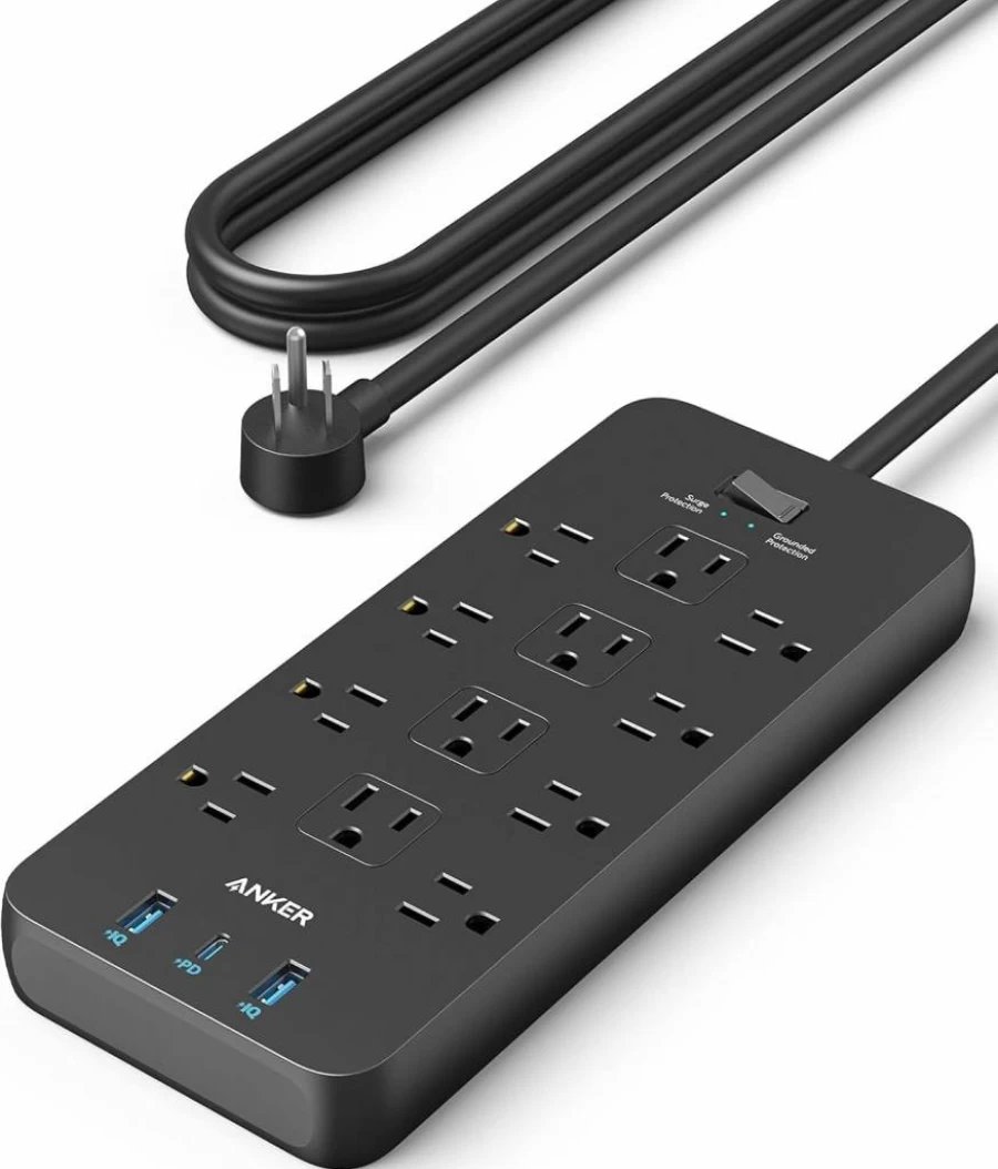 Anker Power Strip with Surge Protection (2100J) - 12 Outlets, 3 USB Ports (1 USB-C, 2 USB-A), 20W Fast Charging, 5ft Extension Cord, Flat Plug for Home & Office - TUV Listed