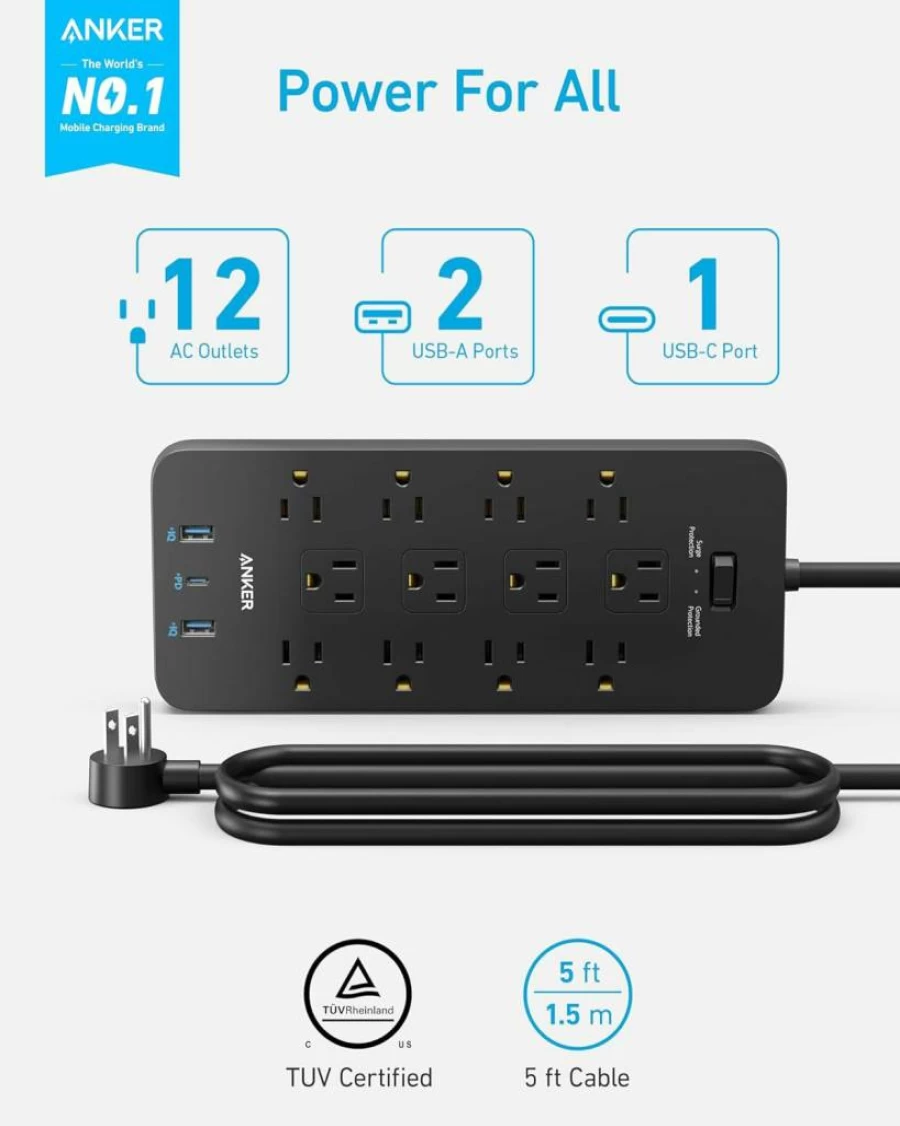 Anker Power Strip with Surge Protection (2100J) - 12 Outlets, 3 USB Ports (1 USB-C, 2 USB-A), 20W Fast Charging, 5ft Extension Cord, Flat Plug for Home & Office - TUV Listed