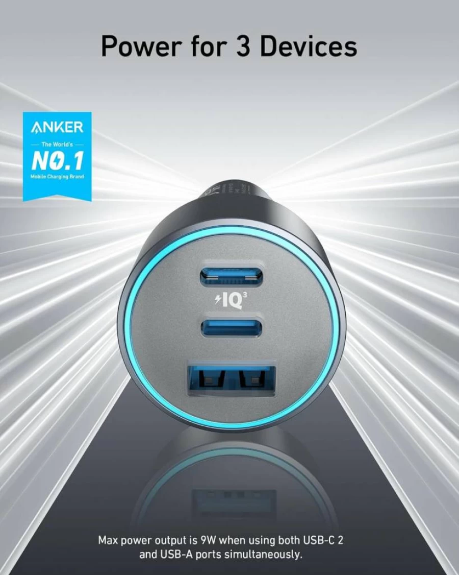 Anker 67W 3-Port USB C Car Charger - Fast Charging for iPhone 16/15/14, Galaxy S23, iPad Air - Includes USB-C Cable for iPhone, Android, Tablet