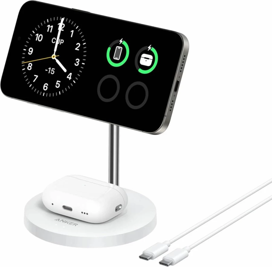 Anker MagGo 2-in-1 Wireless Charging Stand with Qi2 Certification - 15W Fast Charging for iPhone 16/15/14/13/12 & AirPods Pro (Magsafe Compatible, No Adapter)