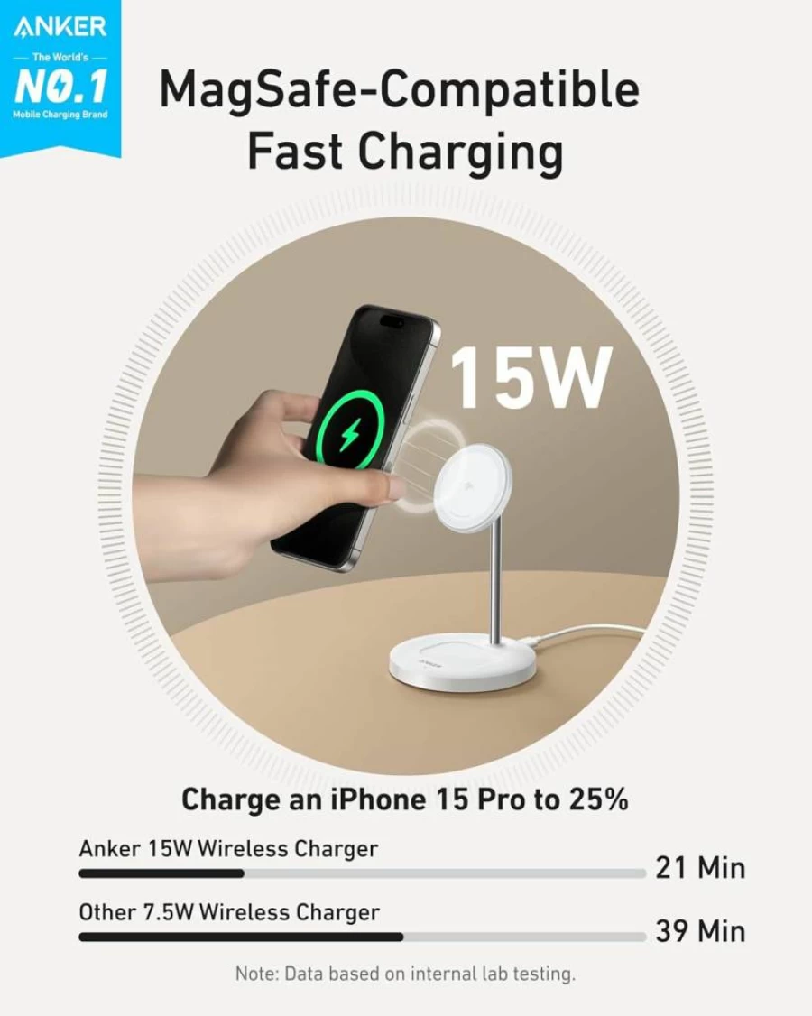 Anker MagGo 2-in-1 Wireless Charging Stand with Qi2 Certification - 15W Fast Charging for iPhone 16/15/14/13/12 & AirPods Pro (Magsafe Compatible, No Adapter)