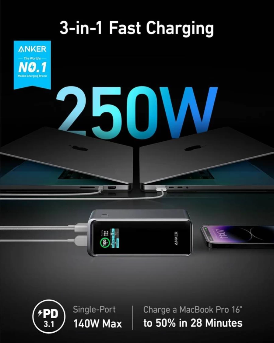 Anker Prime 250W Portable Charger 27650mAh Power Bank with Smart App, 3-Port Fast Charging for MacBook, iPhone 16/15/14, Samsung, TSA-Approved Travel Charger