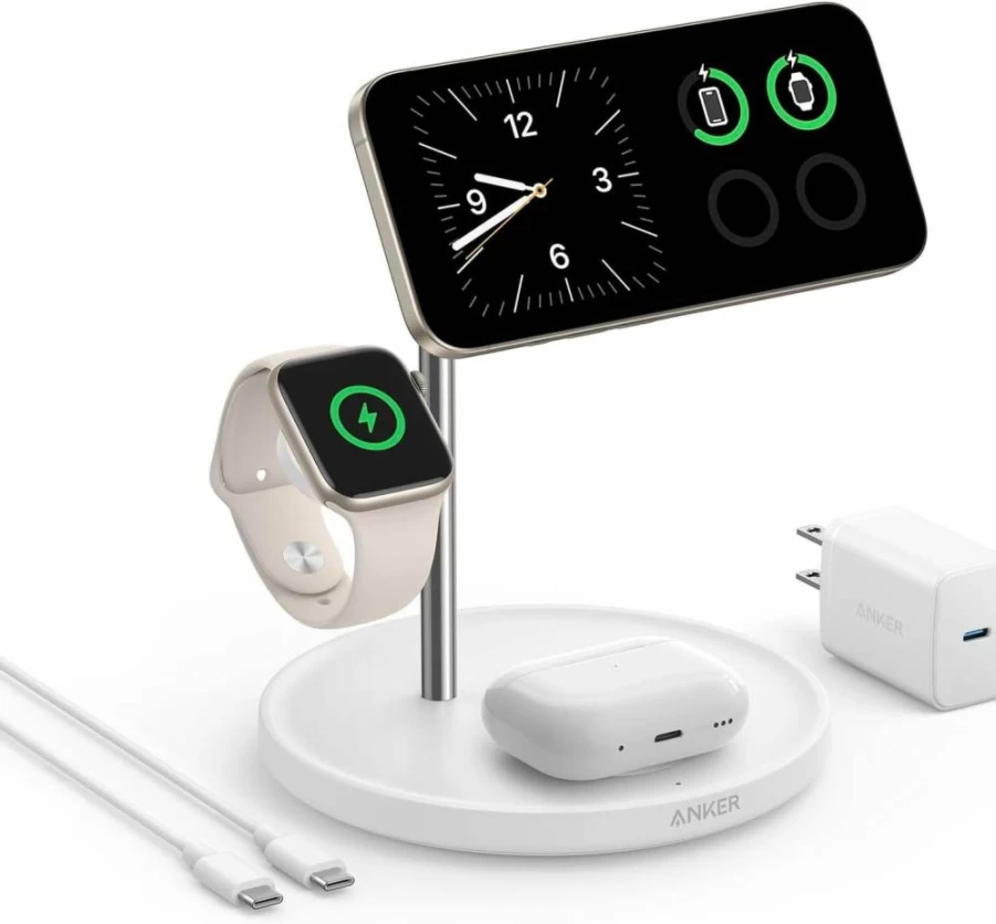 Anker 3-in-1 MagSafe Charging Station with Qi2 Certification - 15W Fast Wireless Charger for iPhone 16/15/14/13/12, Apple Watch & AirPods - Compact Desk Accessory