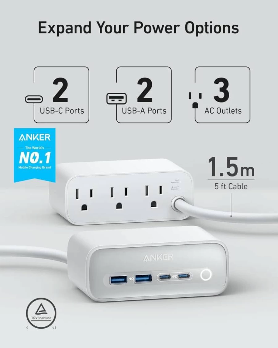 Anker 525 7-in-1 USB C Charging Station with 65W Power Delivery, 5Ft Extension Cord, 3 AC Outlets, 2 USB-A & 2 USB-C Ports for MacBook Pro, iPhone, Home & Office (Phantom Black)
