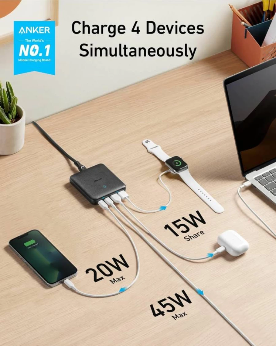 Anker 65W 4-Port GaN II USB C Wall Charger with PowerIQ 3.0, Dual 45W PD for MacBook, iPad Pro, iPhone, Laptops - Slim Fast Compact Design