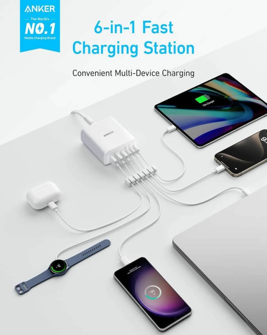 Anker 112W 6-Port USB C Desktop Charging Station - Fast Charger for iPhone, iPad, MacBook, Samsung Galaxy & More (Cable Not Included)