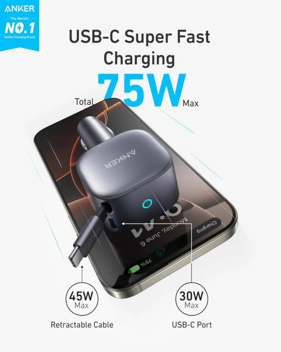 Anker 75W Ultra-Compact USB-C Car Charger with Retractable Cable - Fast Charging for iPhone 16/15, MacBook, iPad, Galaxy, AirPods