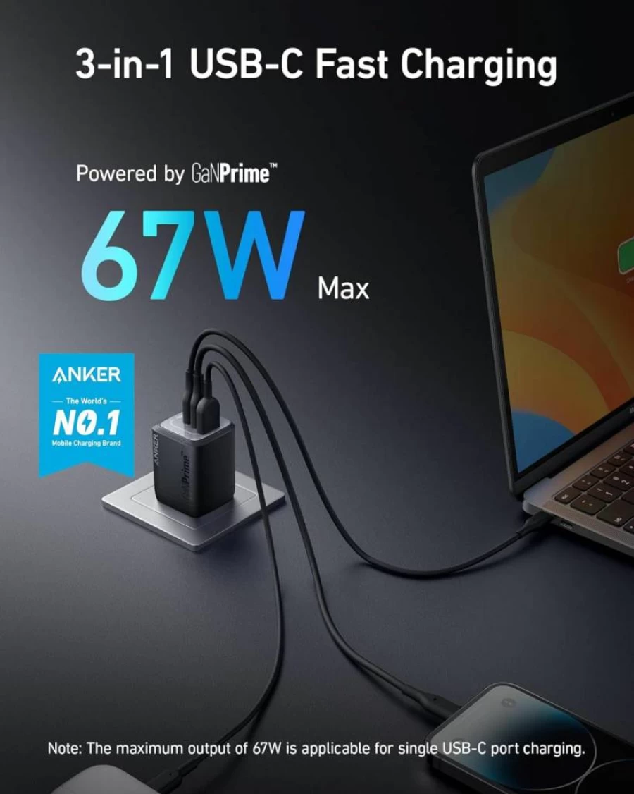 Anker Prime 67W GaN III 3-Port USB C Fast Charger with PPS for MacBook Pro/Air, iPhone 16/15, Galaxy S25/S24, iPad Pro, Pixelbook, and Apple Watch