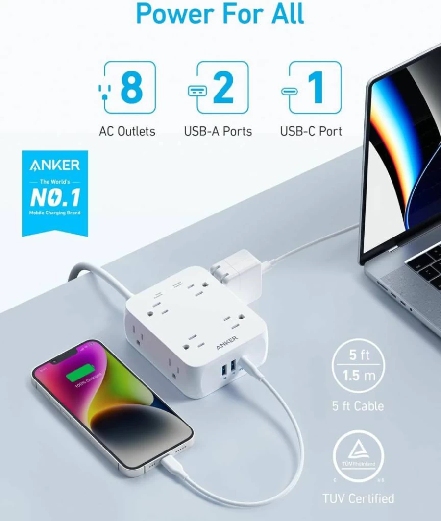 Anker 8-Outlet Power Strip with Surge Protector (2000J), 5Ft Extension Cord, 2 USB-A & 1 USB-C Ports, Compatible with iPhone 16 Series, TUV Listed for Home & Office