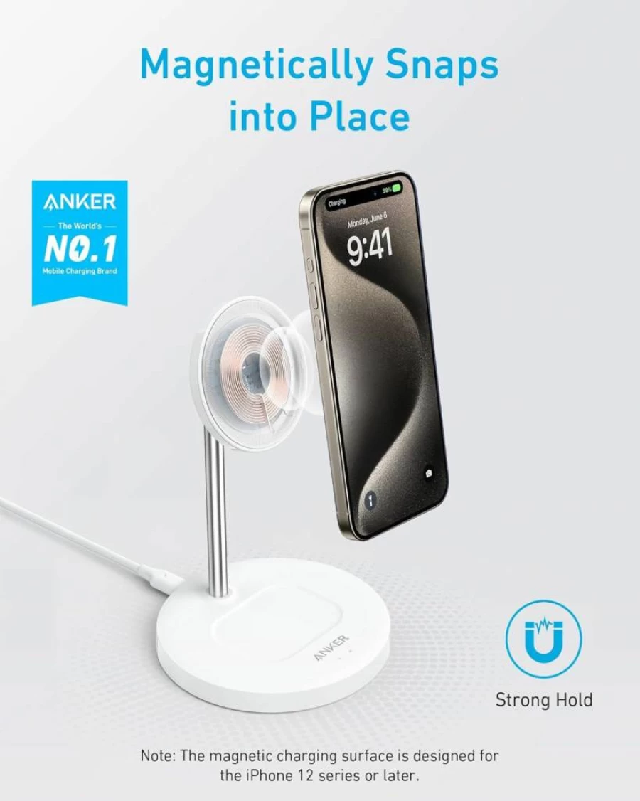 Anker 2-in-1 Magnetic Wireless Charging Stand for iPhone 16/15/14/13 & AirPods with USB-C Cable - PowerWave Lite