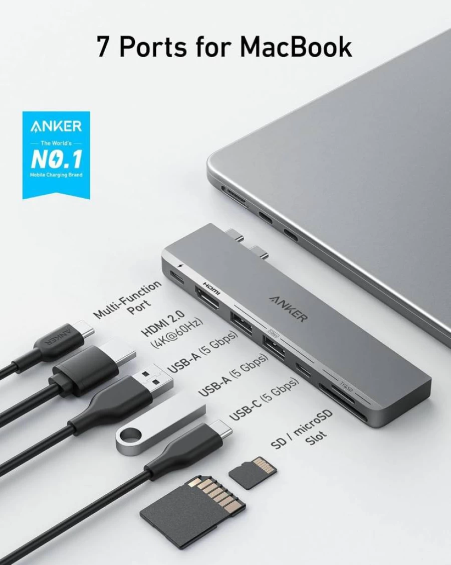 Anker 7-in-1 USB C Hub for MacBook Pro/Air (M1/M2) - 4K HDMI, Thunderbolt 4, USB-C & USB-A Ports, Compatible with MacBook 13 Inch & More